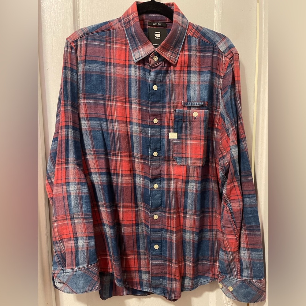 G-Star Raw slim fit plaid button down shirt size Large.